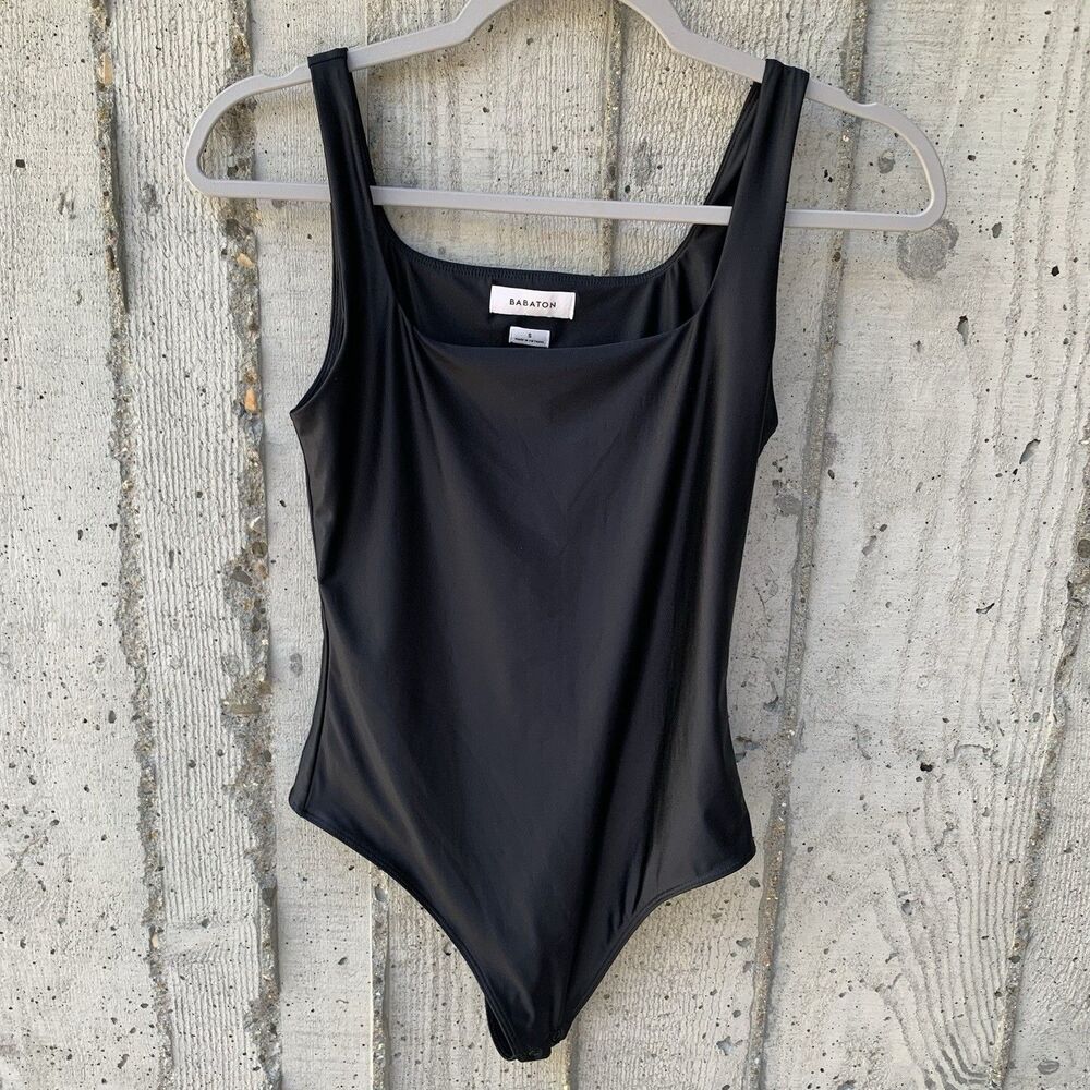 Artizia BABATON Satinette Square-Neck Bodysuit Black Contour Silhouette Sz Small
